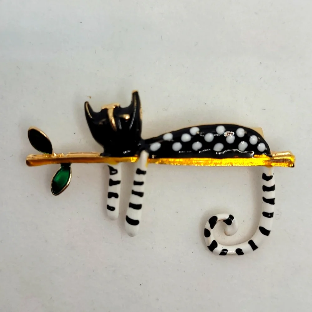 Cat brooch / pin, black & white cat on branch